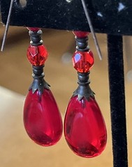 Vintage Red Glass Teardrop Cabochon & Faceted Dangle Drop Pierced Earrings