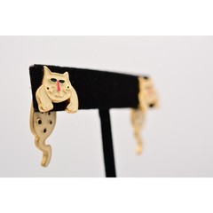 Vintage Cat Earrings Back Front Cool Off White Black Spotted Enamel 1990s BinH