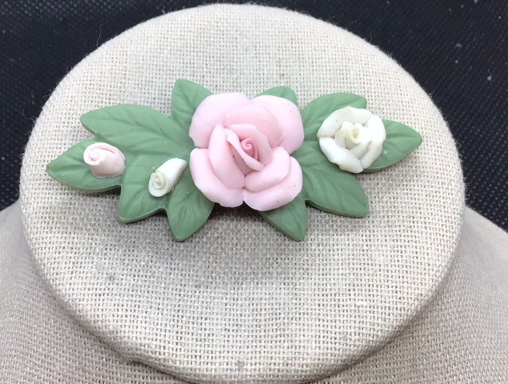 Vintage Costume Porcelain Wide White & Pink Roses Bar Pin C836