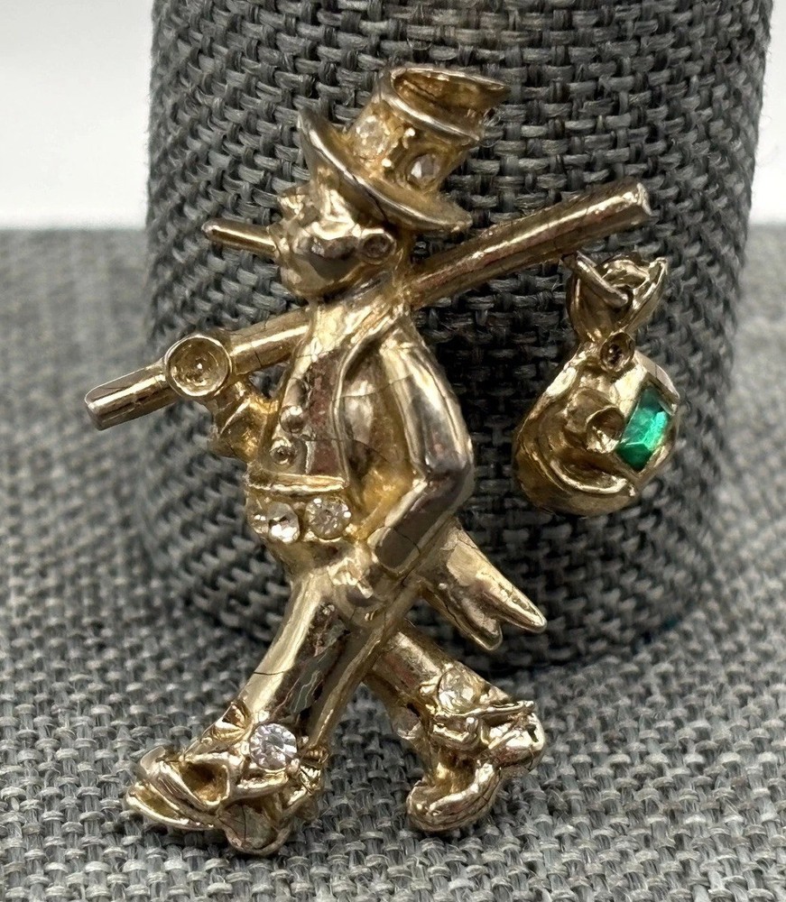 Vintage Gold Tone Hobo Knapsack Charm Brooch Pin Crystal Rhinestone
