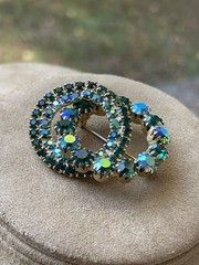 Vintage AB Green Blue Crystals Rhinestones Brooch 2 Circles Wreaths