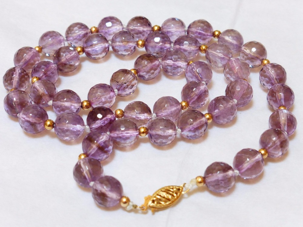 14K GOLD Beads 9mm Faceted Amethyst Crystal Beads Necklace, 14k gold clasp