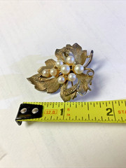 Sterling Silver Gold Vermeil Pearl Marcasite Leaf Pin Brooch Signed CREED 10.8g