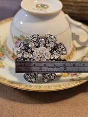 VINTAGE DARKENED SILVER RUFFLED RHINESTONE FLOWER PIN Round Stones 2.5 Inches