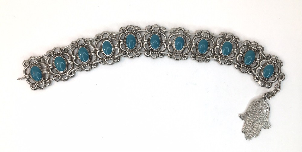 Vtg Souvenir du Maroc Moroccan Bracelet Poured Teal Enamel Hamsa Hand Charm