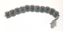 Vtg Souvenir du Maroc Moroccan Bracelet Poured Teal Enamel Hamsa Hand Charm