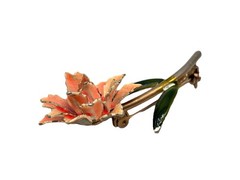 Vintage Flower Pin Brooch Soft Pink And Green Enamel Dimensional Metal Stemmed