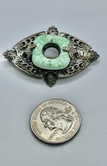 Art Deco Molded Faux Jade Green Czech Art Glass Filigree Silvertone Brooch