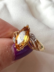 VINTAGE SOLID 14K YELLOW GOLD MARQUISE NAVETTE GOLDEN HONEY CITRINE DIAMOND RING
