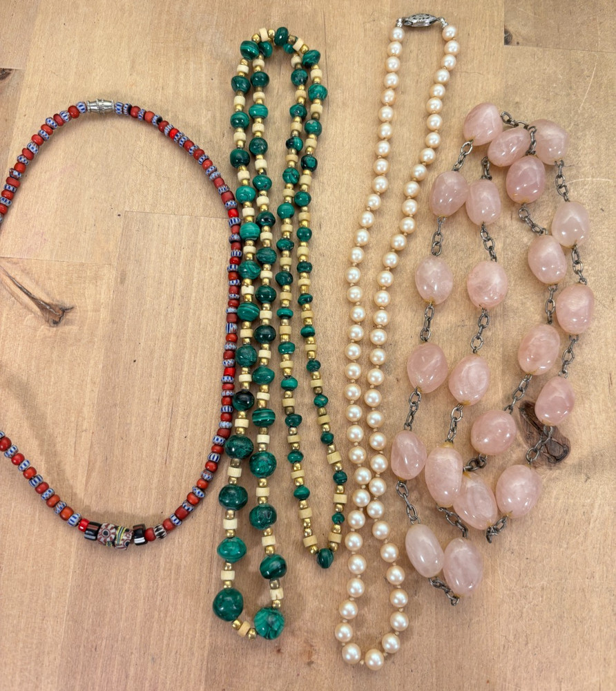 Lot of 4 Vintage Bead Necklaces, Malachite, Rose Quartz, Pearls