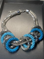 Vintage Graziano Mesh Chain Runway Necklace Estate Jewelry Statement Blue Enamel