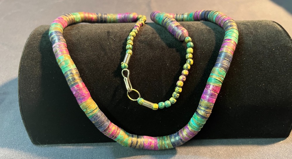 vintage Postmodern necklace features painted brass beads in jewel tones