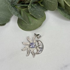 Vintage Mexico Sterling Silver Sun & Crescent Moon Eclipse Pendant Purple Stone