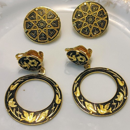 Vintage Lot of 2 Damascene Jewelry Featuring Clip-On Earrings Prong Set