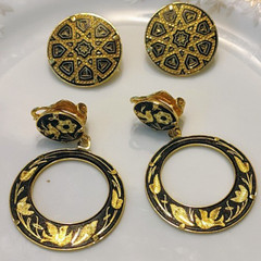 Vintage Lot of 2 Damascene Jewelry Featuring Clip-On Earrings Prong Set