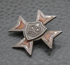 VINTAGE MILITARY CROWN CROSS SHIELD GUILLOCHE ENAMEL BROOCH PIN
