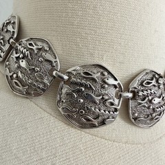 Judy Lee collar necklace vintage silver tone necklace wide panels fish design