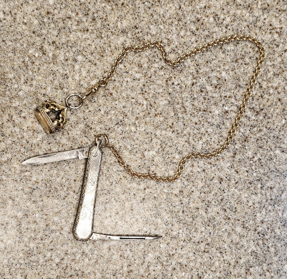 Antique Victorian Gold Filled Watch Fob Pendant Charm with pocket knife & chain