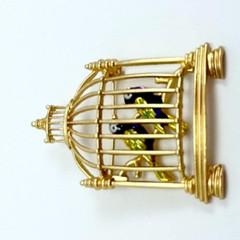 Gold Tone Bird Cage With 2 Colorful Birds Brooch