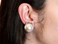 Vintage Art Deco Style Mabe Pearl & Diamond 9k White Gold Earrings
