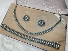 VTG B. David Faux-Emerald Rhinestone F Seed Pearl Necklace Earrings Bracelet SET
