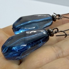 Vtg Large Blue Resin Translucent Nugget Statement Drop Earrings Wire Hook Dangle