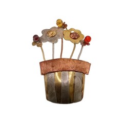 Vintage Mixed Metal Flower Pot Brooch Brass Copper Bead Artisan 3D Pin 2 1/4 in
