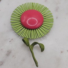 Vintage Mod Flower Brooch Pink Green Enamel Stem Pin MCM Retro Atomic Space Age
