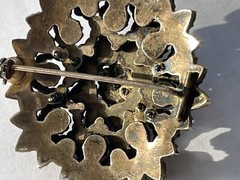 Antique Victorian Gilt Silver Bohemian Rose Cut Garnet Pin Brooch 1 5/8″