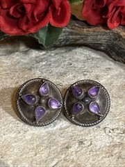 36. Vintage Tribal 925 Sterling Amethyst Stone Button Stud Earrings 21mm, 10.4g