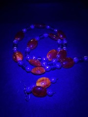 An Amberina Glass Bead 20” Necklace Matching Earrings Silver Tone Metal Spacers