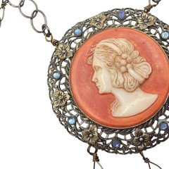 Vintage Handmade OOAK Cameo Necklace, Gemstone Dangle Statement Artisan Necklace
