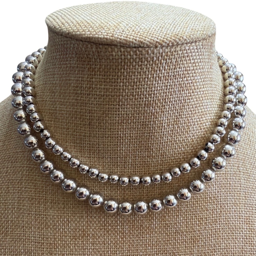 Vintage Silver Tone Double Strand Graduated Beaded Necklace Layered