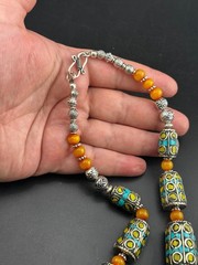 Beautiful Turquoise, Amber Howlite Tibetan Nepal Tube Vintage Handmade Necklace