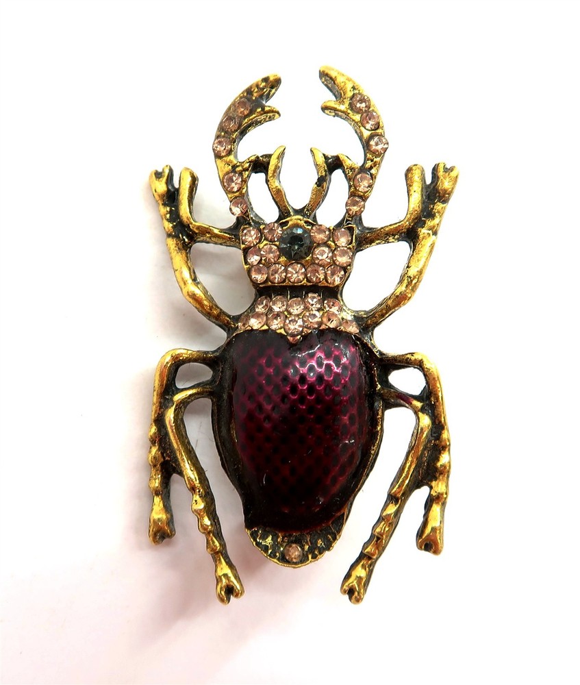 Vintage JEWELED & ENAMEL BEETLE BROOCH PIN 1 3/4″ Tall Costume Jewelry Estate