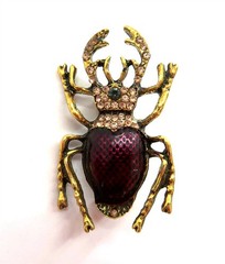 Vintage JEWELED & ENAMEL BEETLE BROOCH PIN 1 3/4″ Tall Costume Jewelry Estate