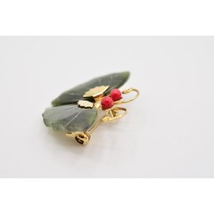 Vintage Butterfly Pin Brooch Green Cabochon Faux Jade Gold Tone 1970s BinAQ