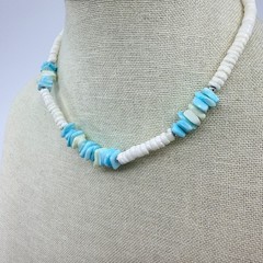 Vintage Silver Tone Turquoise Color Heishi Bead Necklace Shell Chip Strand Boho