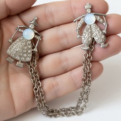 Opaline Glass Chatelaine Brooch Pot Metal Dutch Boy Girl Vintage 1940s