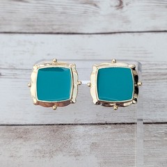 Vintage Stud Earrings Large Statement Teal & Gold Tone Square Shape