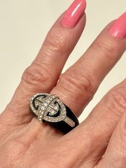 VINTAGE SOLID BLACK ONYX BAND W 925 SS ART DECO CZ DESIGN RING SZ 7