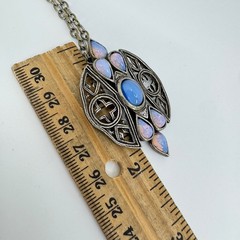 Vintage Miracle Celtic Pendant Necklace Blue Cabochon Faux Opal Silver Tone 17in