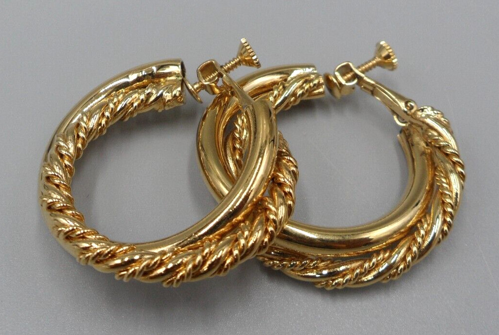 Vintage Napier Clip On Hoop Earrings Double Twisted Gold Tone Screw Back 1.5″