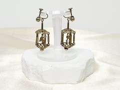 Pair Vintage Gold Tone Dangle Screw-Back Bird Cage Earrings