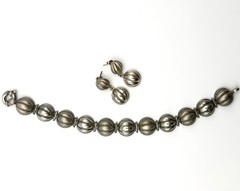 Vintage Italy 925 Sterling Silver Orb Bracelet Earrings Set Ribbed Modernist 30g