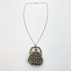Vintage ART Arthur Pepper Necklace Metal Filigree Hinged Kiss Lock Purse Pendant
