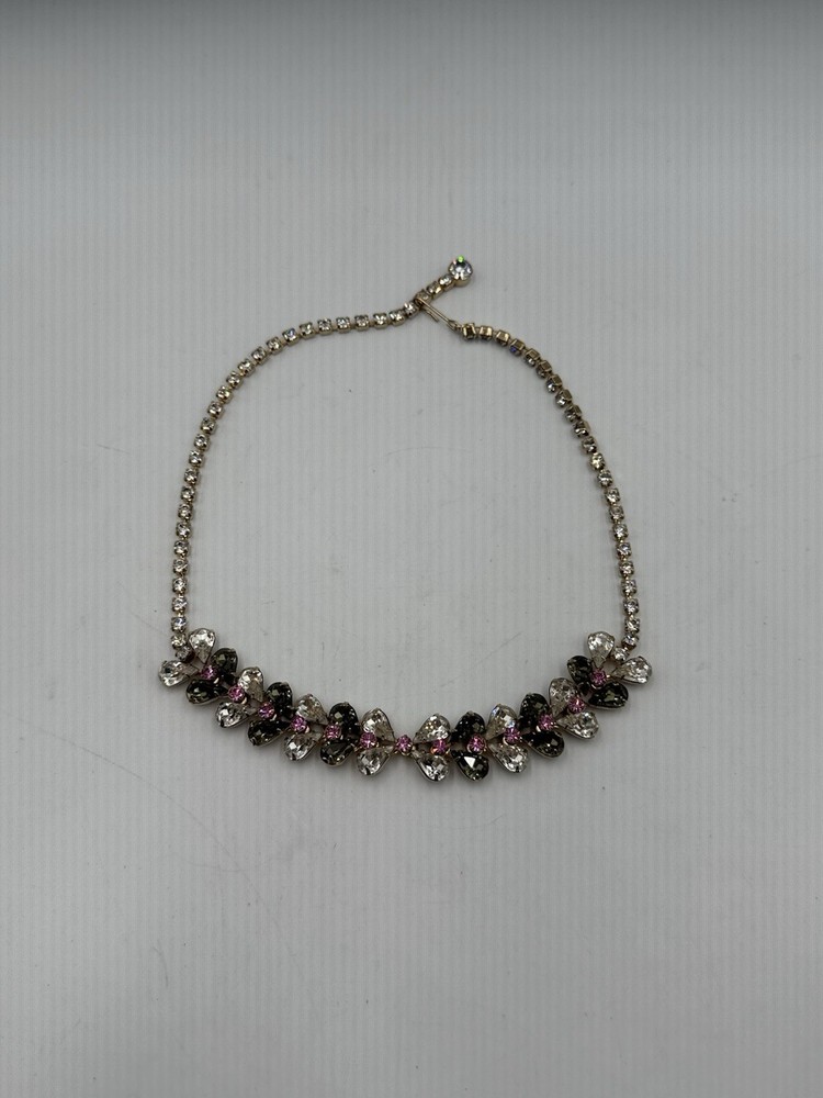 Vintage Clear Smoky Gray Pink Rhinestone Floral Necklace Unsigned