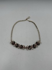 Vintage Clear Smoky Gray Pink Rhinestone Floral Necklace Unsigned