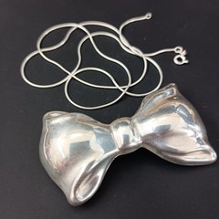 Vintage Sterling Silver Bow Necklace Brooch Puffy Tie Modernist 80s Israel Bold