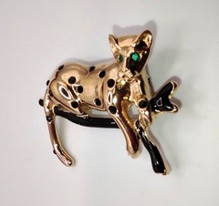 VINTAGE JACKIE COLLINS Panther Leopard Brooch Green Rhinestone Eyes 2″ Long